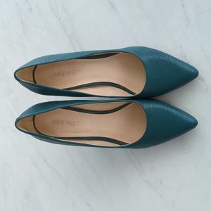 Dark teal/green textured Nine West heels.